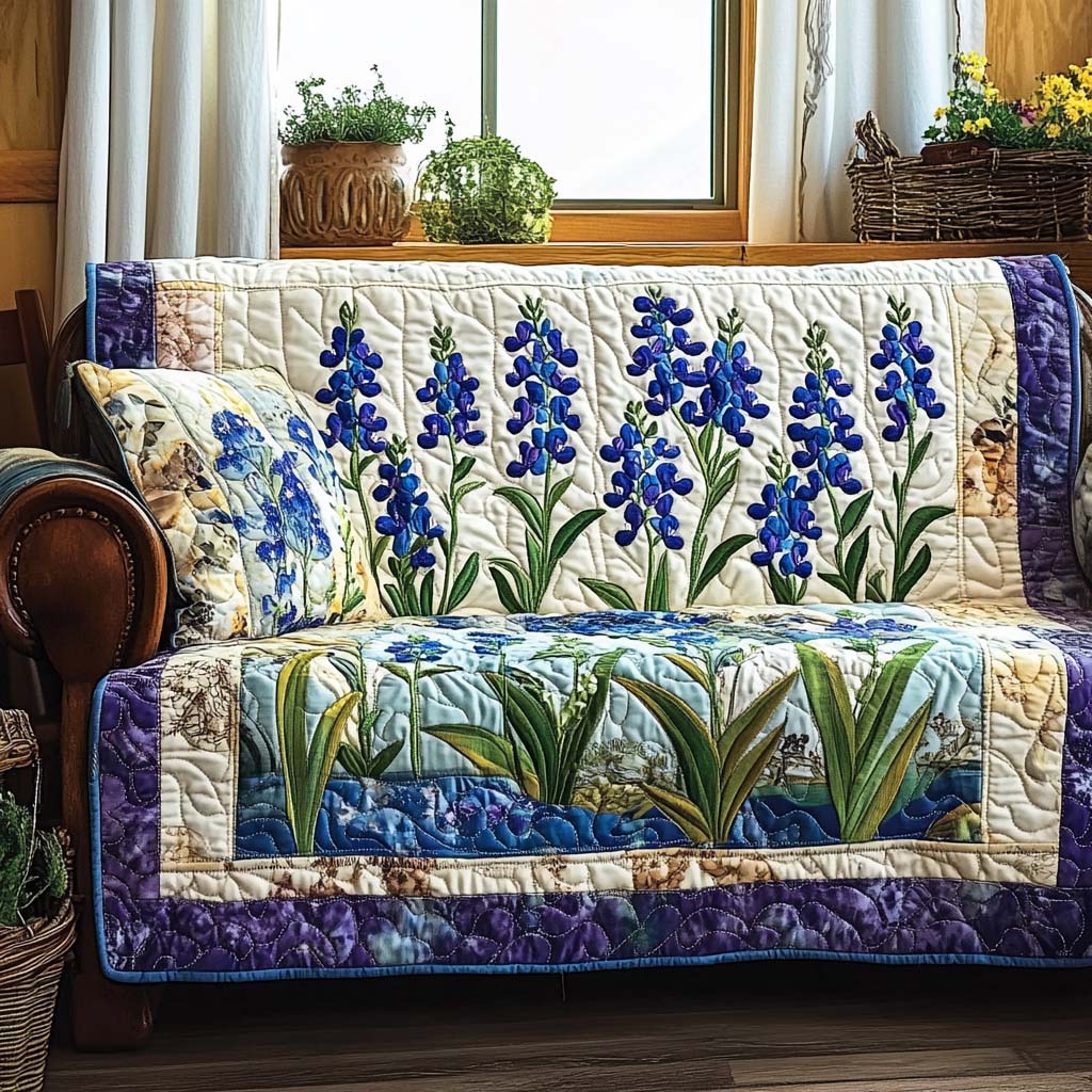 Juliette - Housse de canapé matelassée Fleurs Bleu de Champ