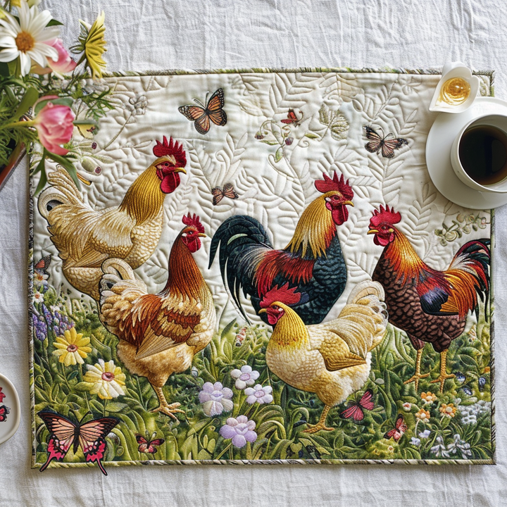 Sandrine - Set de table matelassé à Poules Enchanteurs et Fleurs