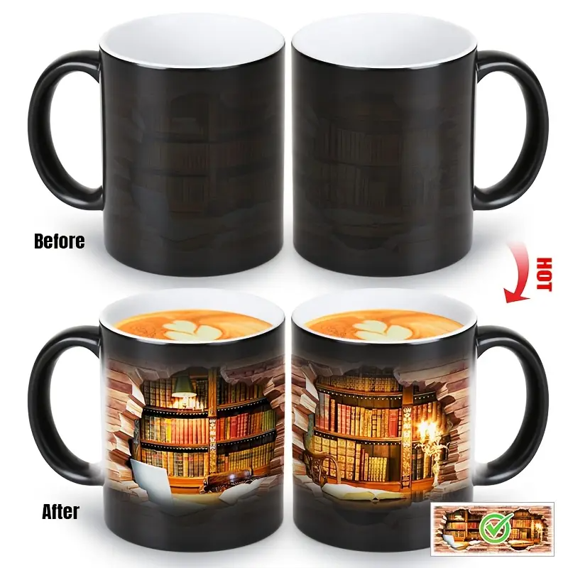 Mug en Céramique Avec Bibliothèque Magique et Effet Thermique