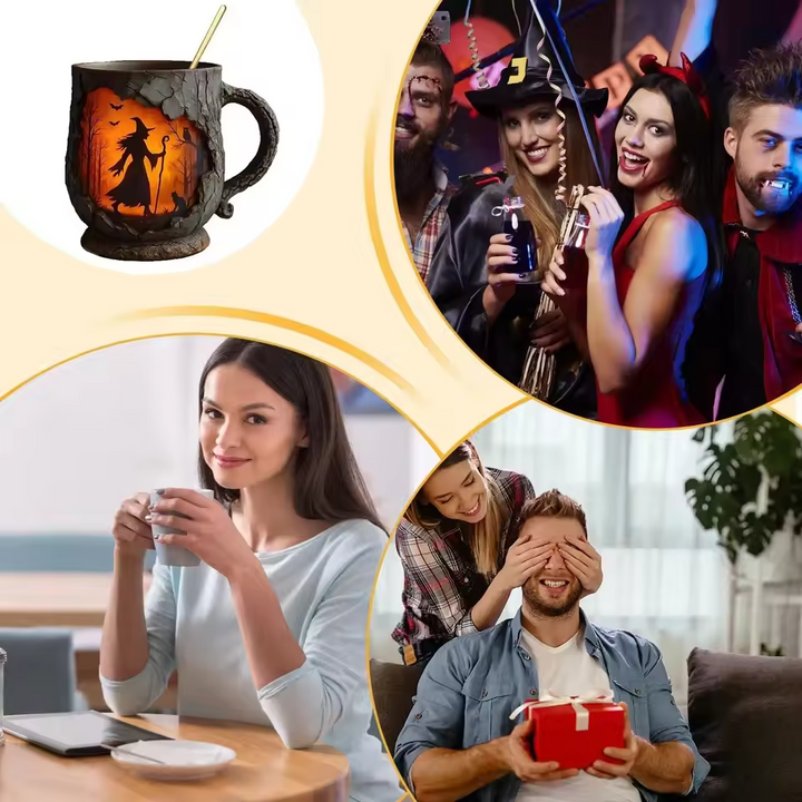 Mug Halloween 3D Fait Main avec Motif de Sorcière et de Chat