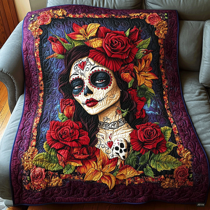 Mélanie - Couverture matelassée Crâne Floral Mystique